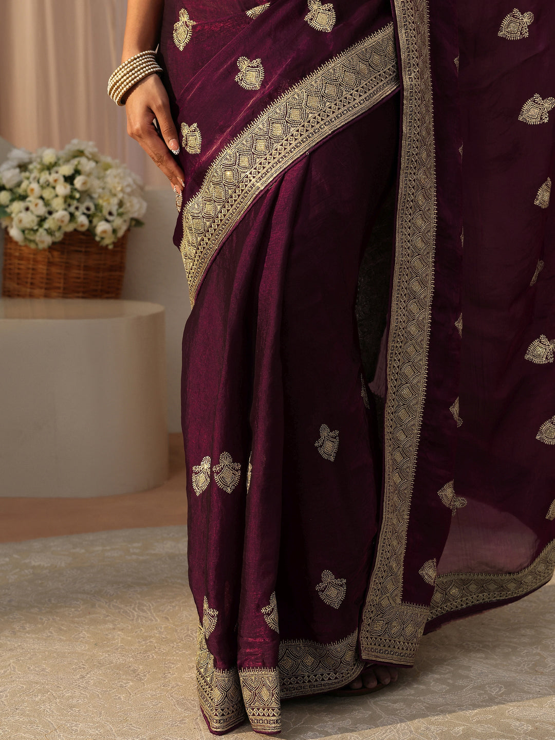  Burgundy Ethnic Embroidered Tissue Saree 