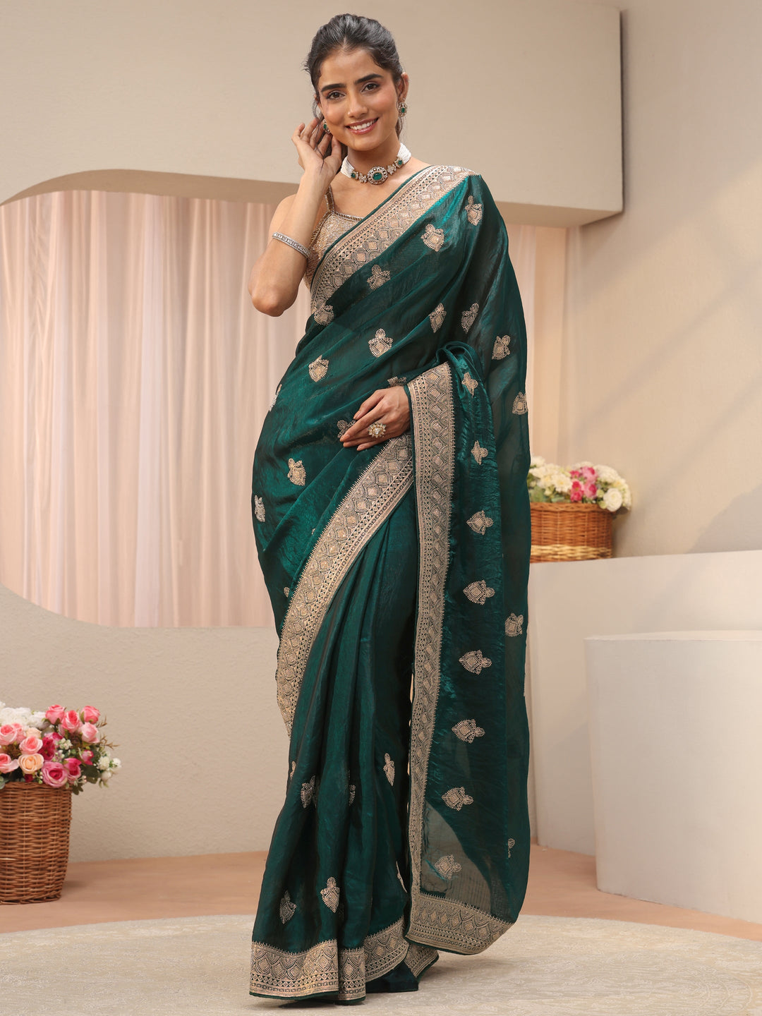  Green Ethnic Motif Embroidered Tissue Saree 