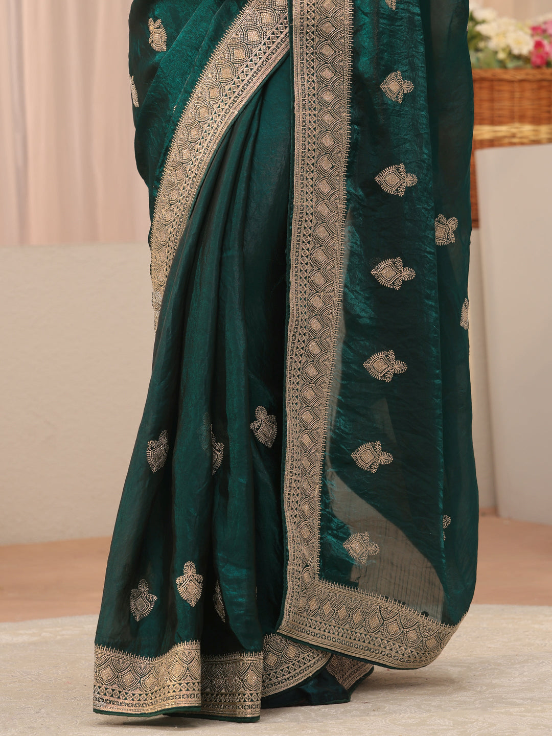  Green Ethnic Motif Embroidered Tissue Saree 