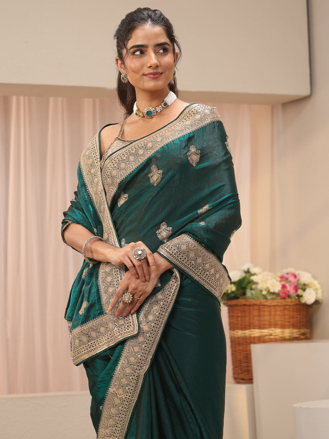  Green Ethnic Motif Embroidered Tissue Saree 