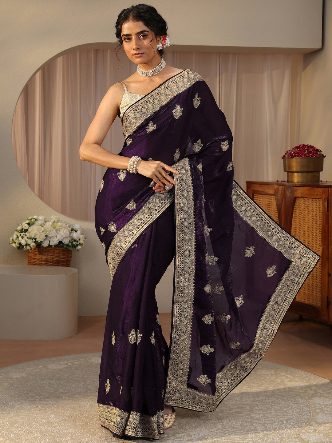  Purple Ethnic Embroidered Tissue Saree 