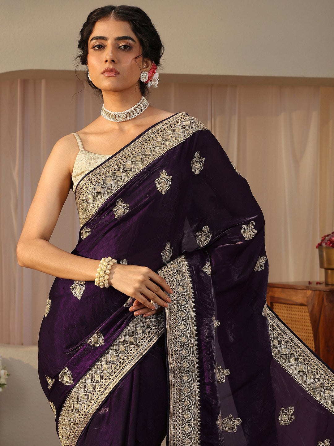  Purple Ethnic Embroidered Tissue Saree 