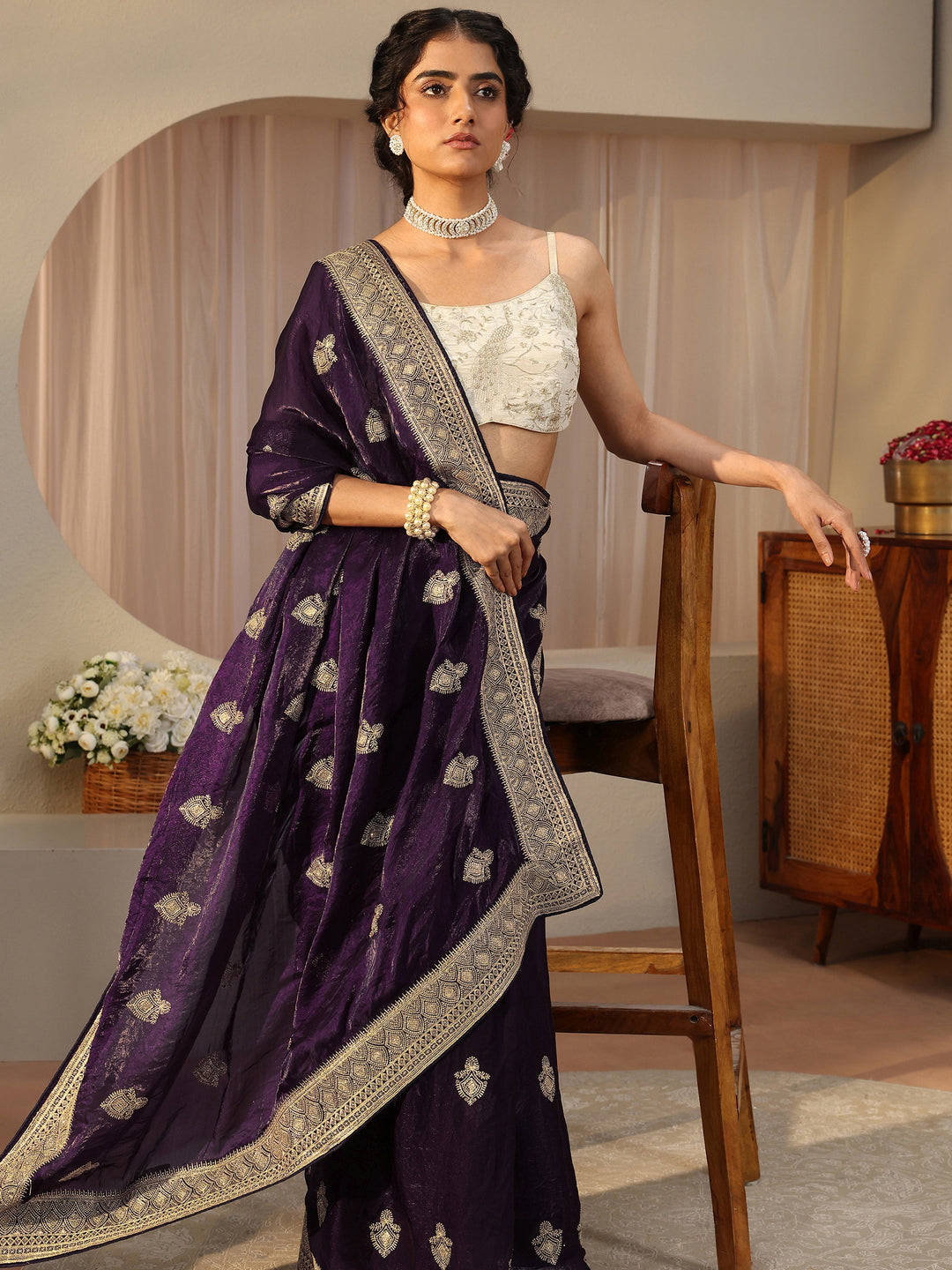  Purple Ethnic Embroidered Tissue Saree 