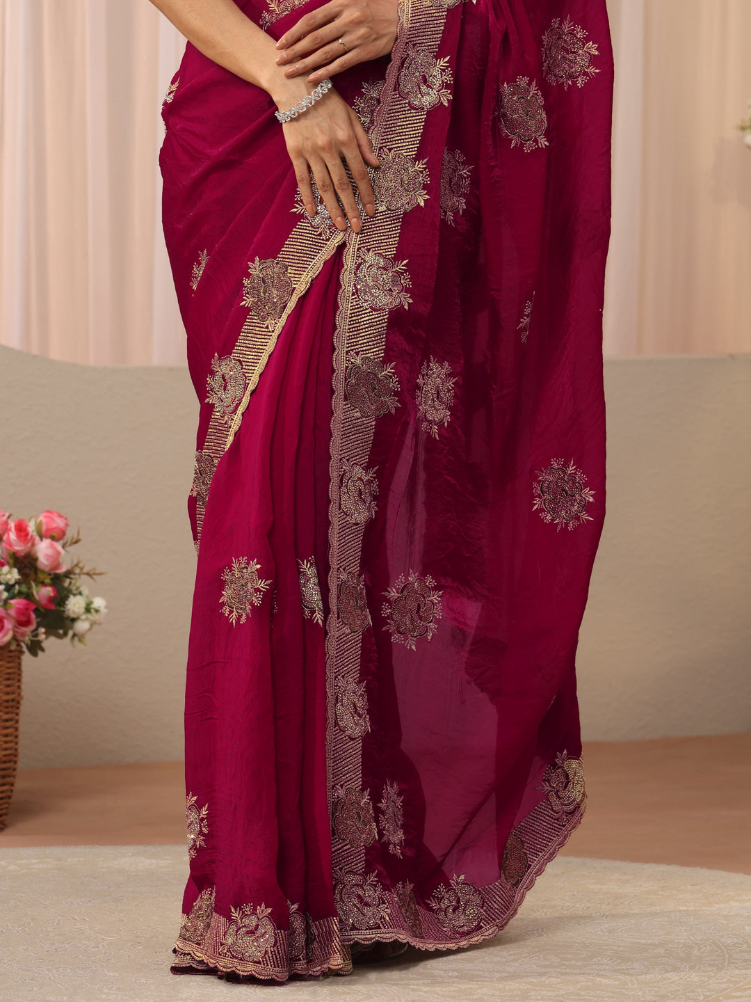  Red Floral Embroidered Tissue Saree 