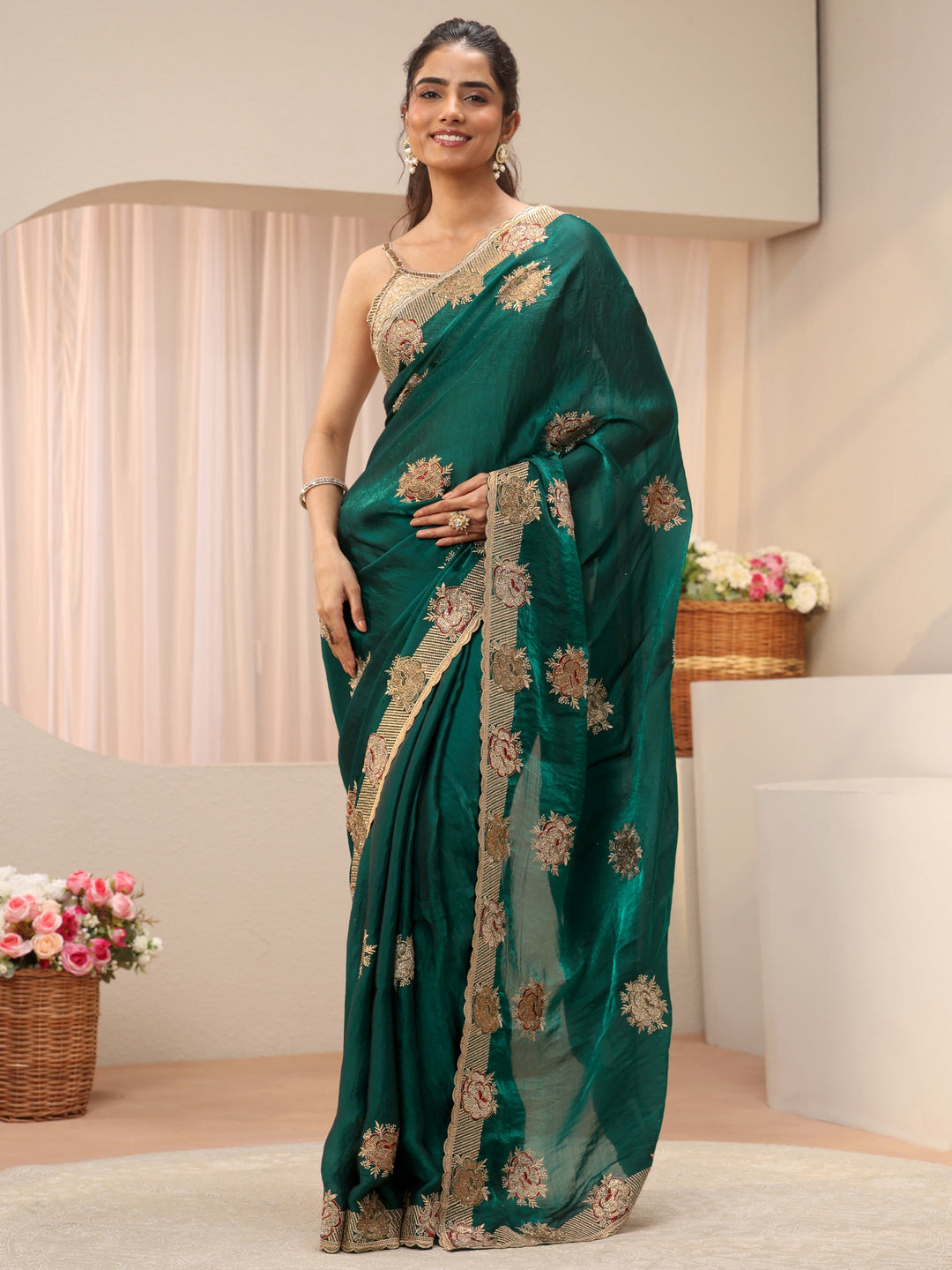  Green Floral Embroidered Tissue Saree 