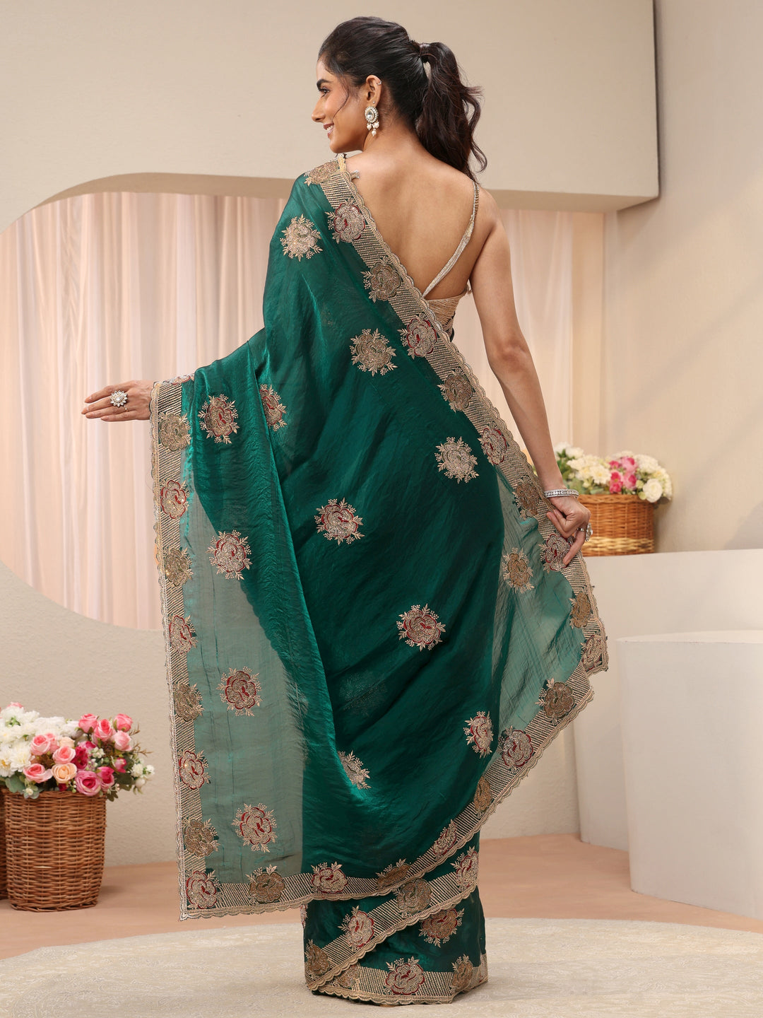  Green Floral Embroidered Tissue Saree 