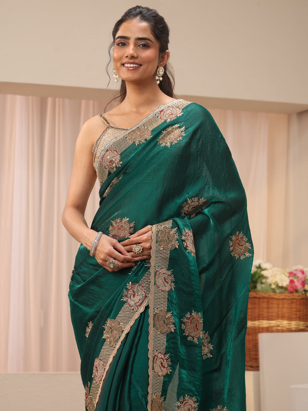  Green Floral Embroidered Tissue Saree 