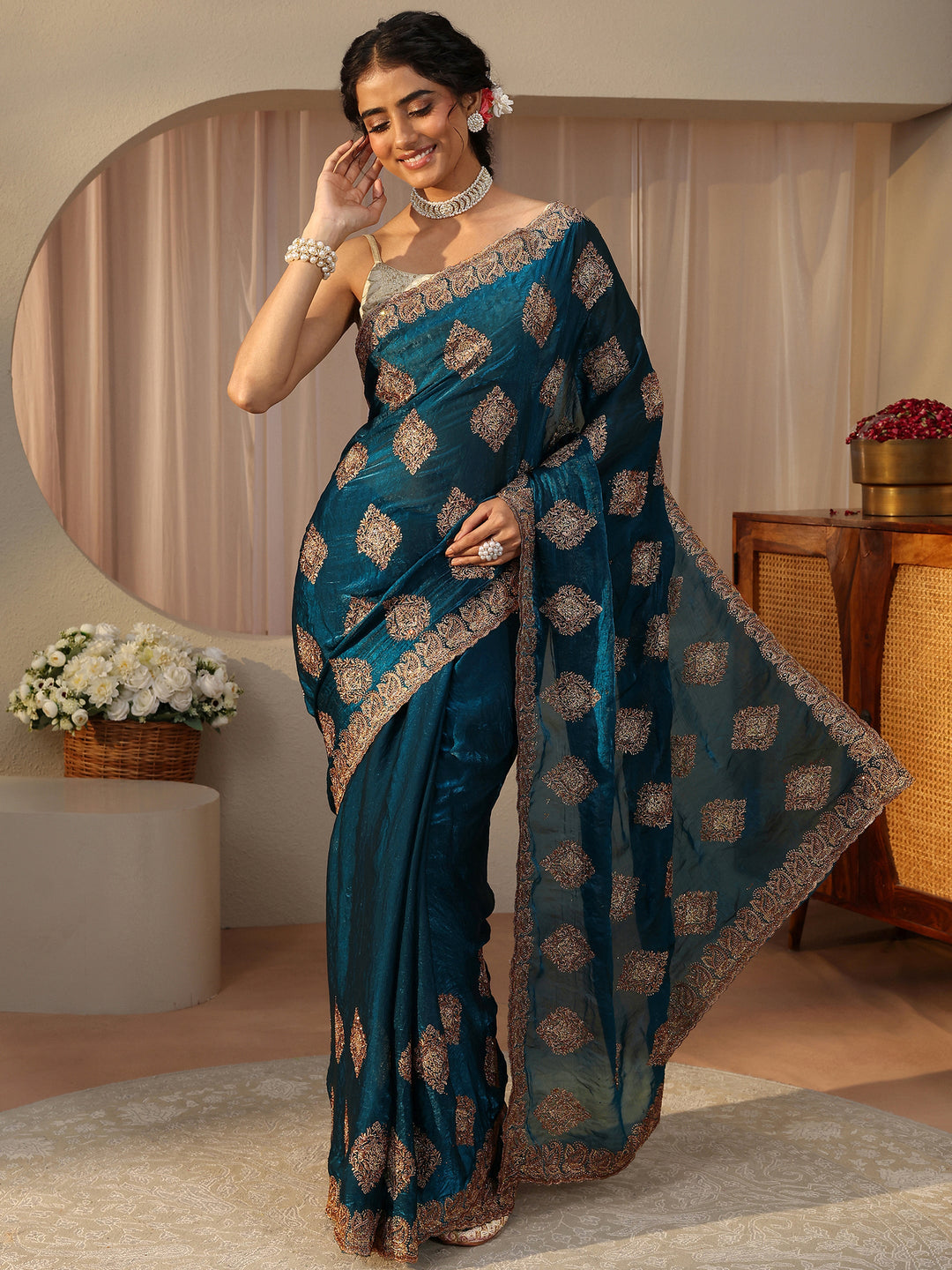  Blue Ethnic Embroidered Tissue Saree 