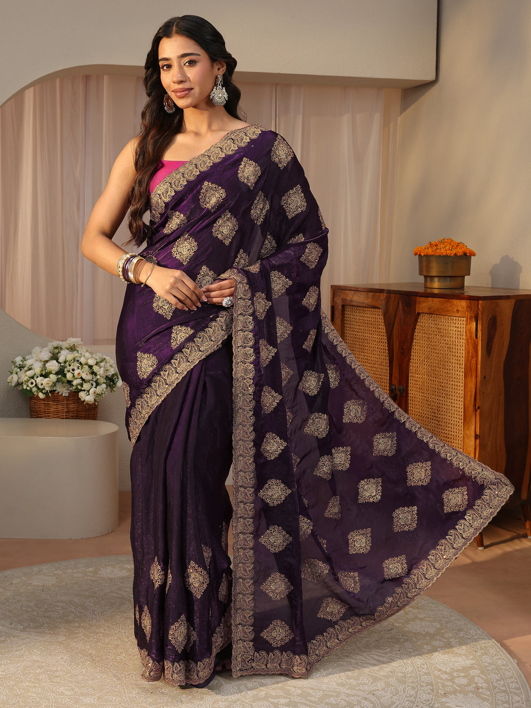  Purple Ethnic Embroidered Tissue Saree 