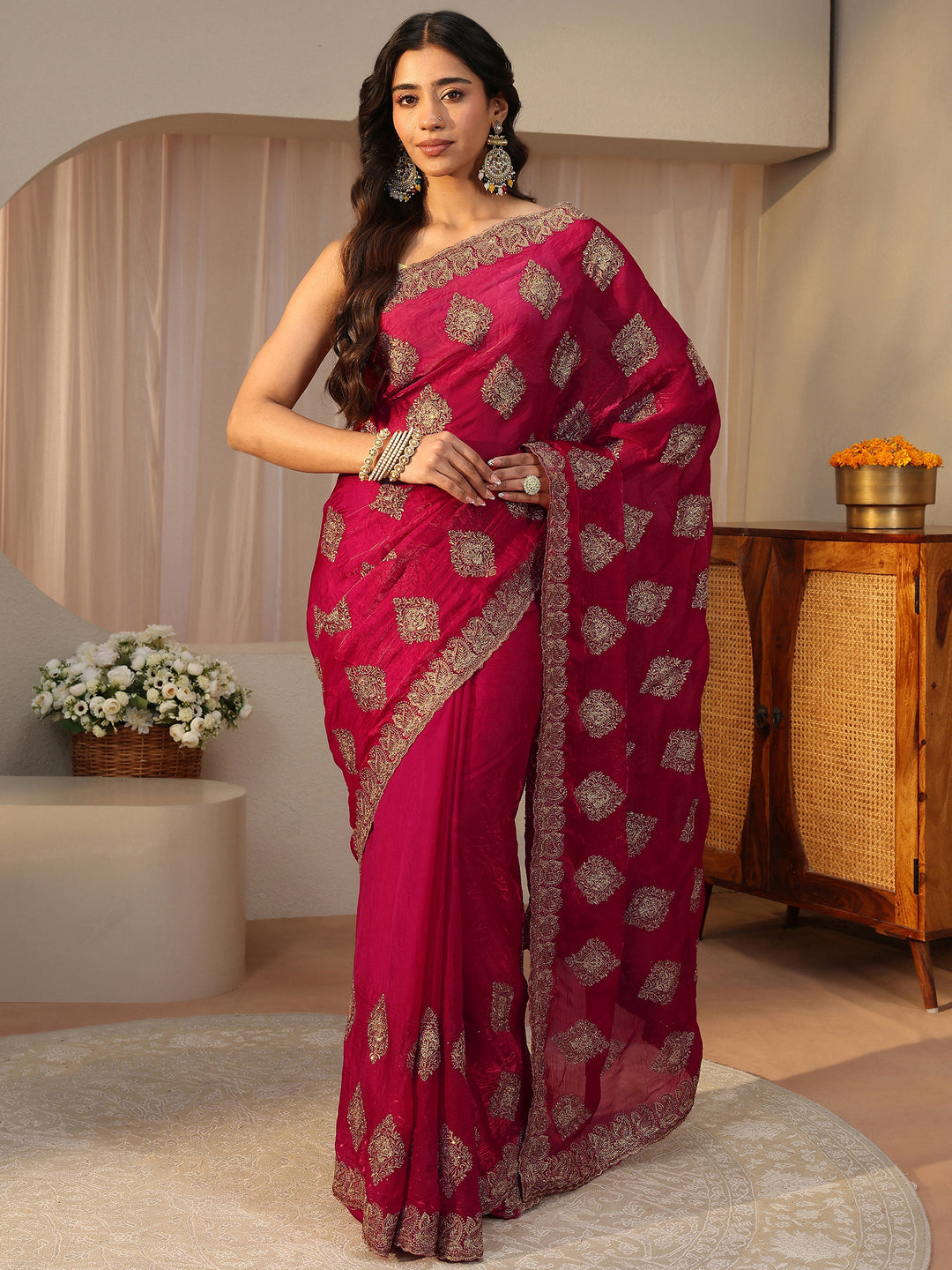  Red Ethnic Embroidered Tissue Saree 