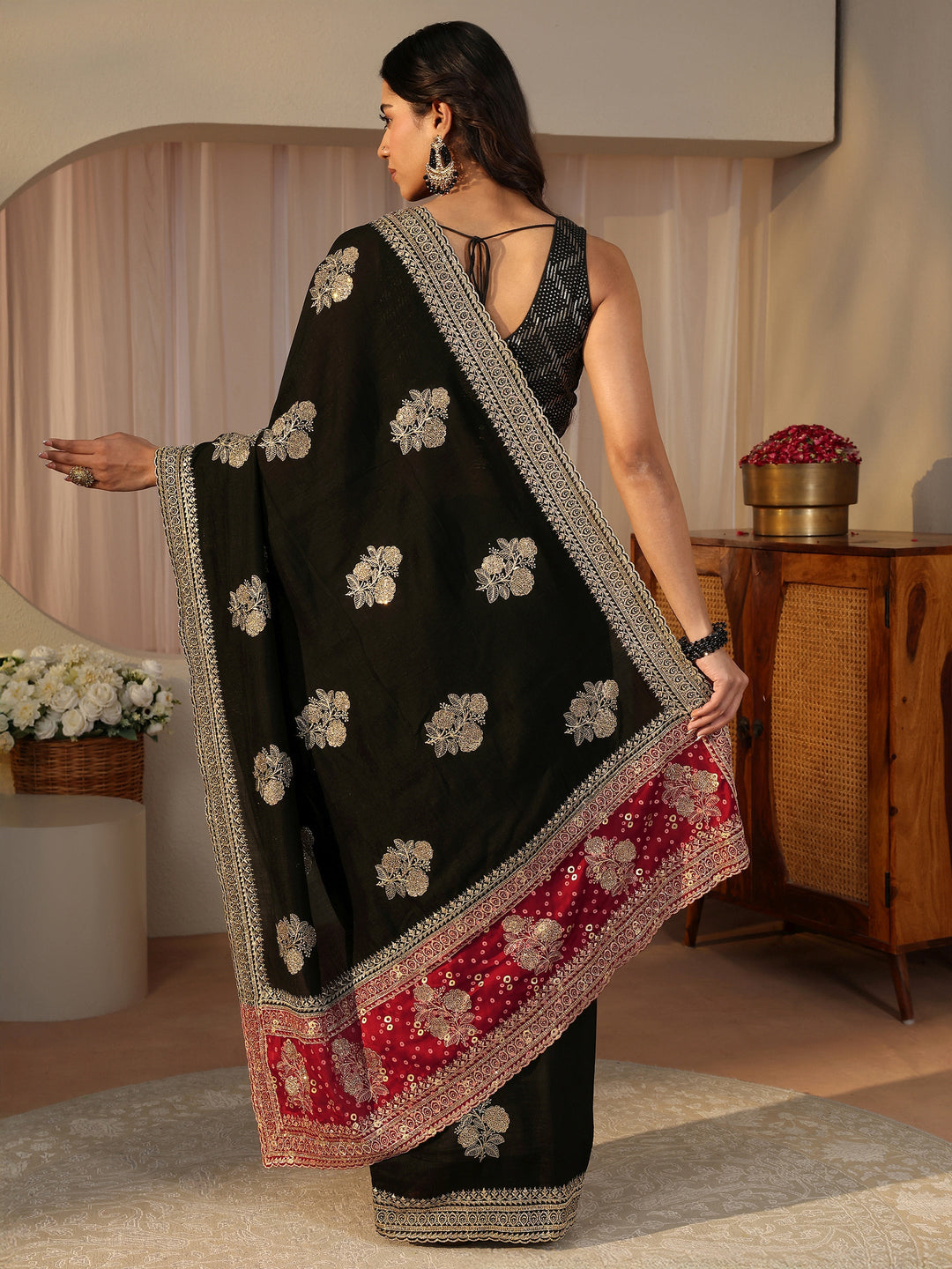  Black Floral Embroidered Silk Blend Saree 