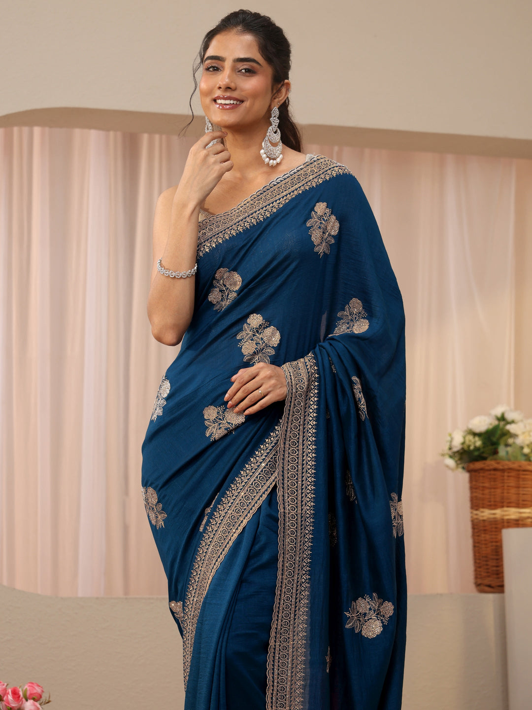  Navy Blue Floral Embroidered Silk Blend Saree 