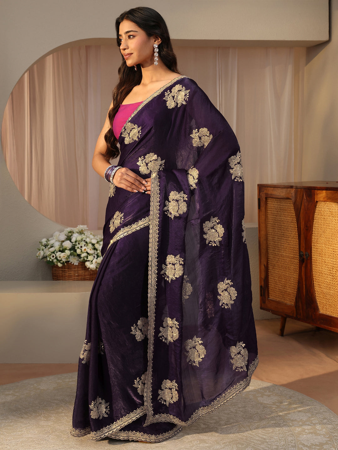  Purple Floral Embroidered Tissue Saree 