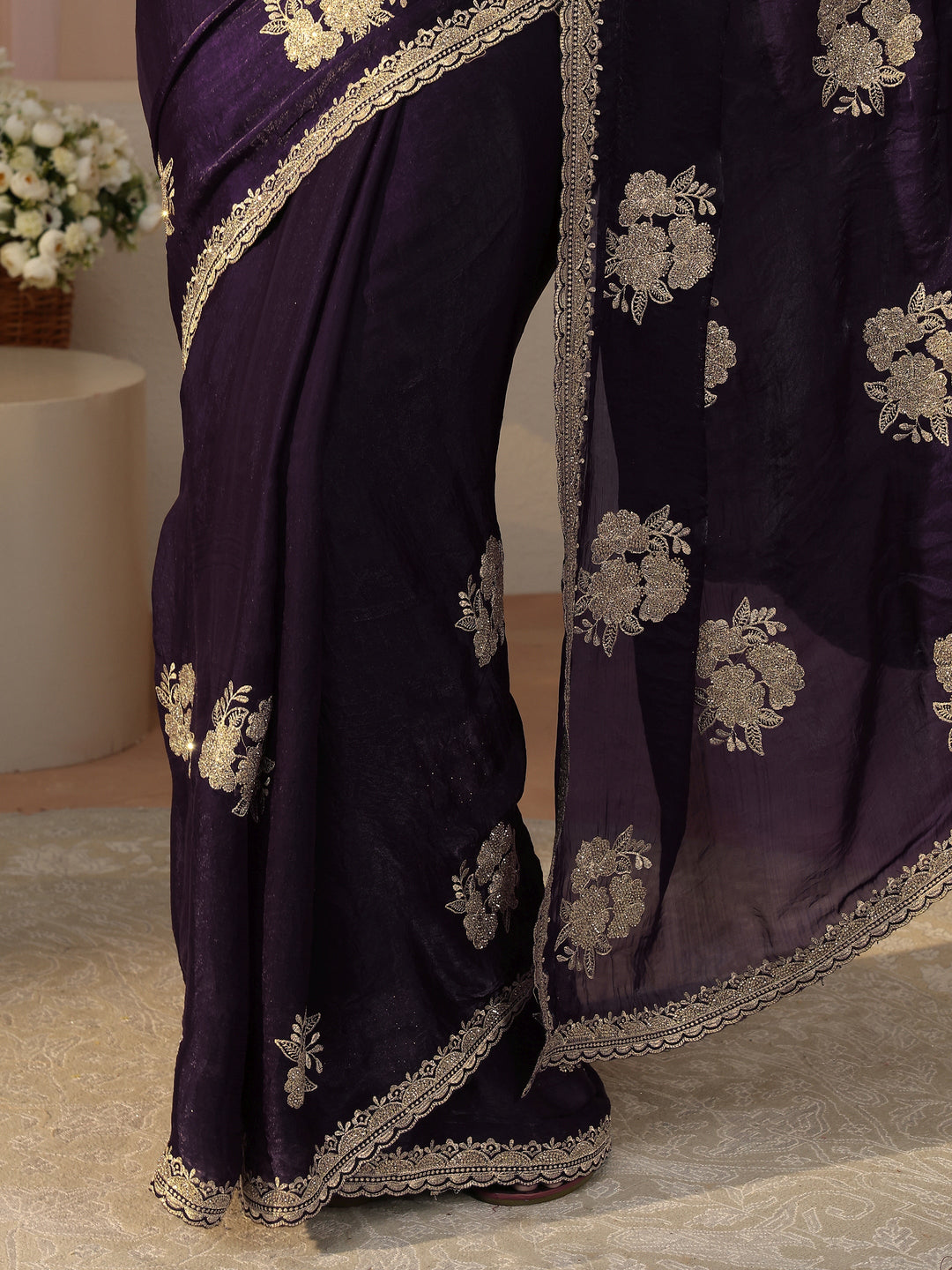  Purple Floral Embroidered Tissue Saree 