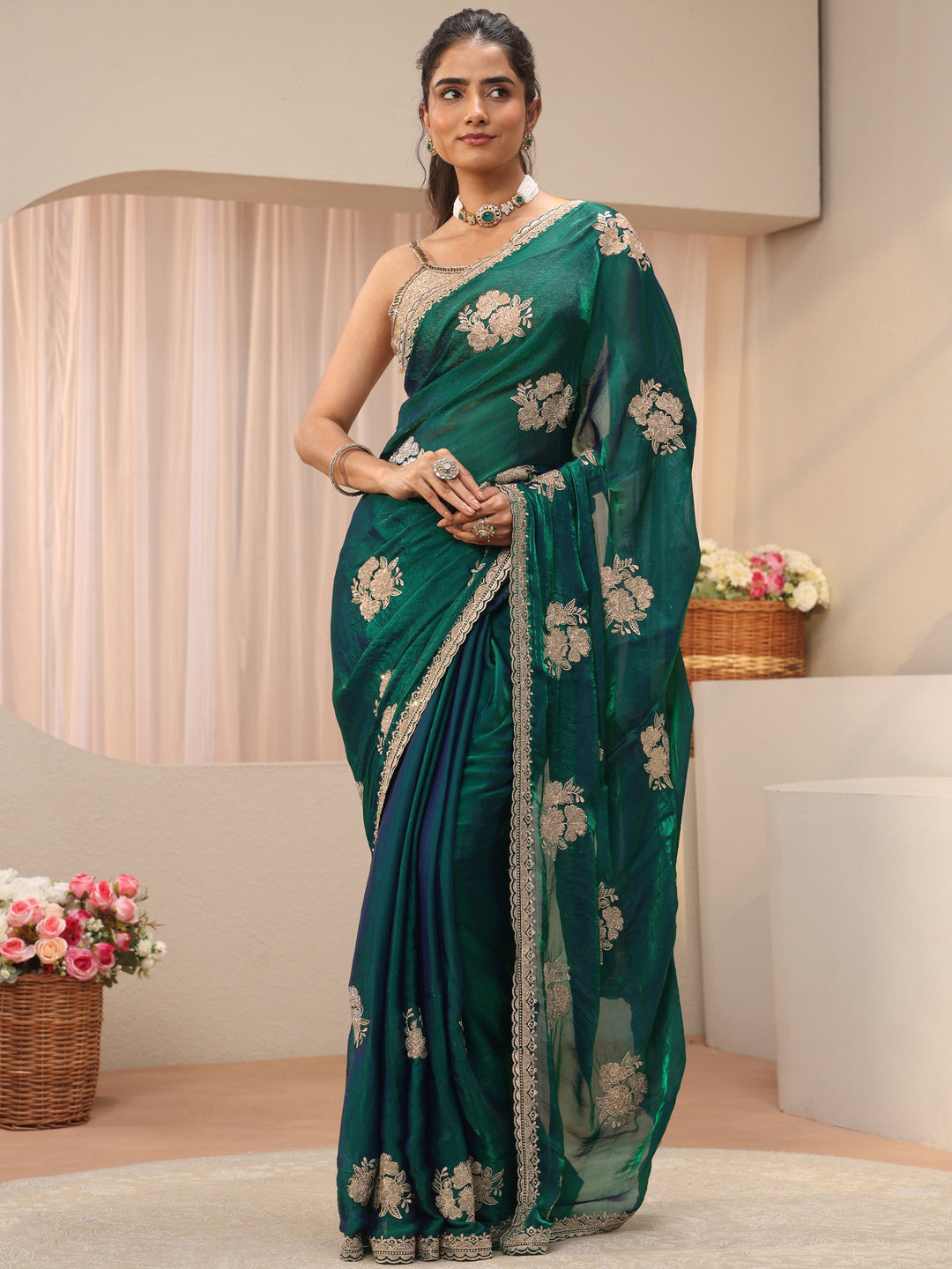  Green Floral Embroidered Tissue Saree 