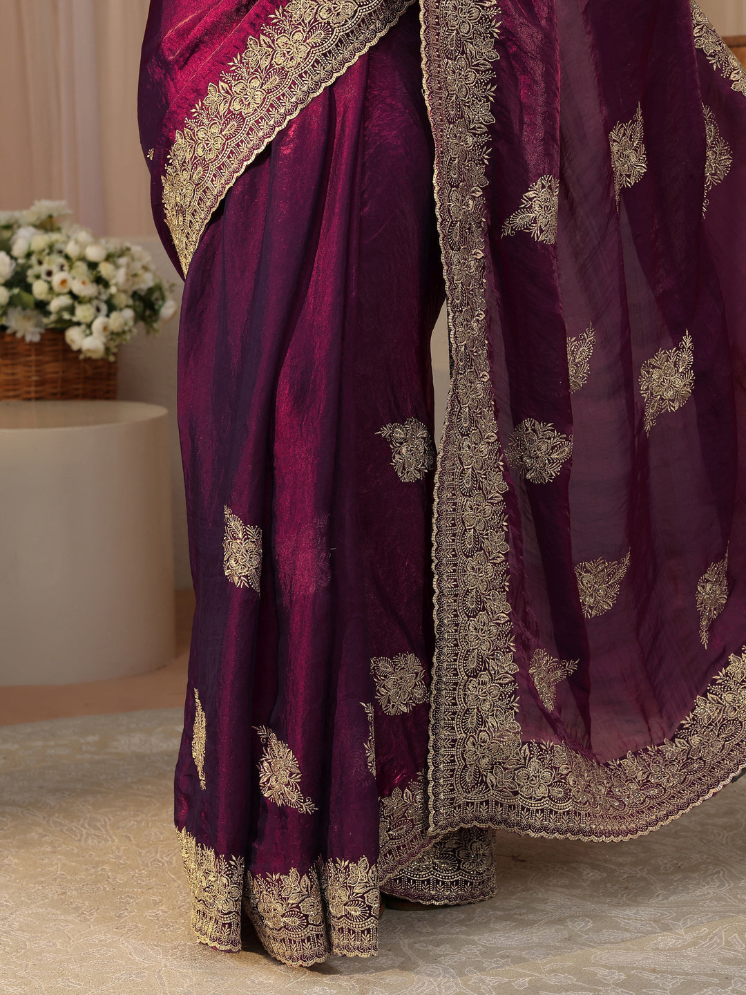  Burgundy Floral Embroidered Tissue Saree 