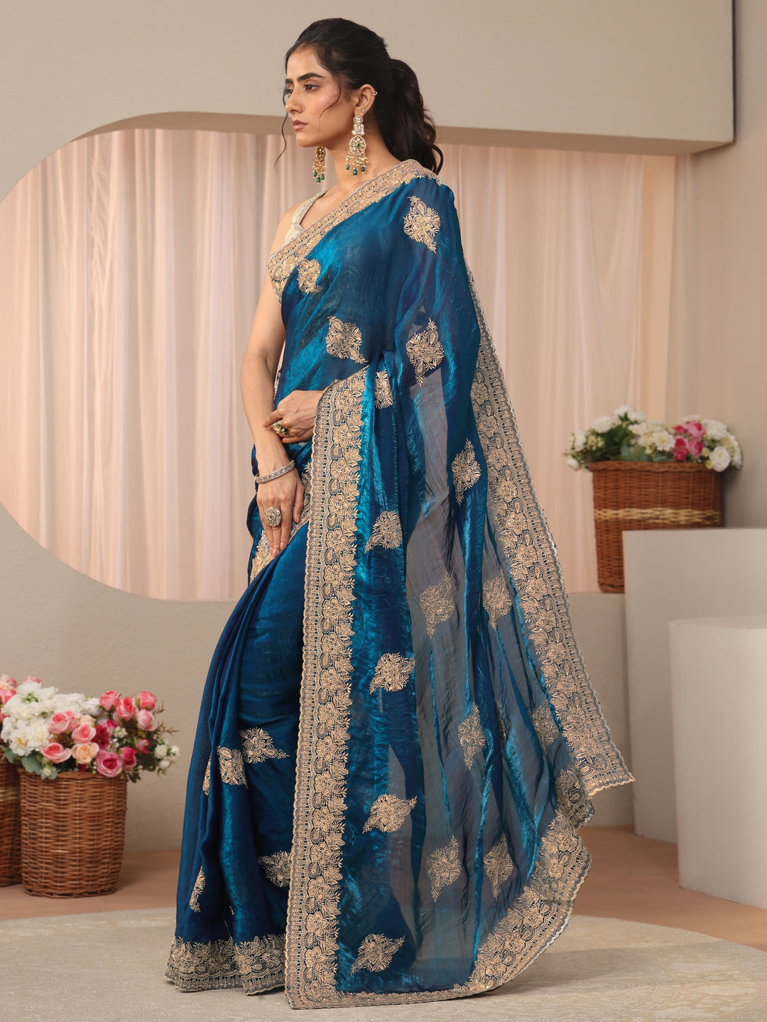  Blue Floral Embroidered Tissue Saree 