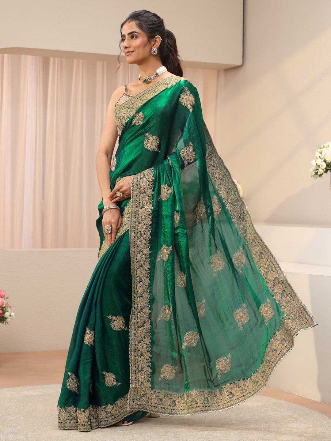  Green Floral Embroidered Tissue Saree 
