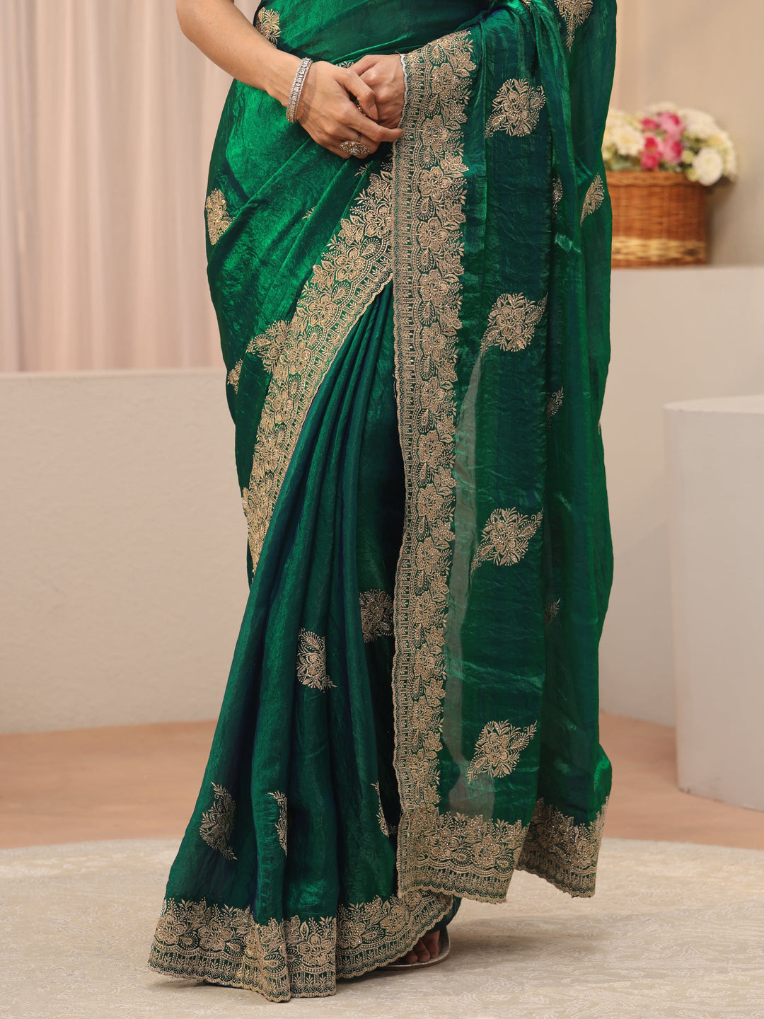  Green Floral Embroidered Tissue Saree 