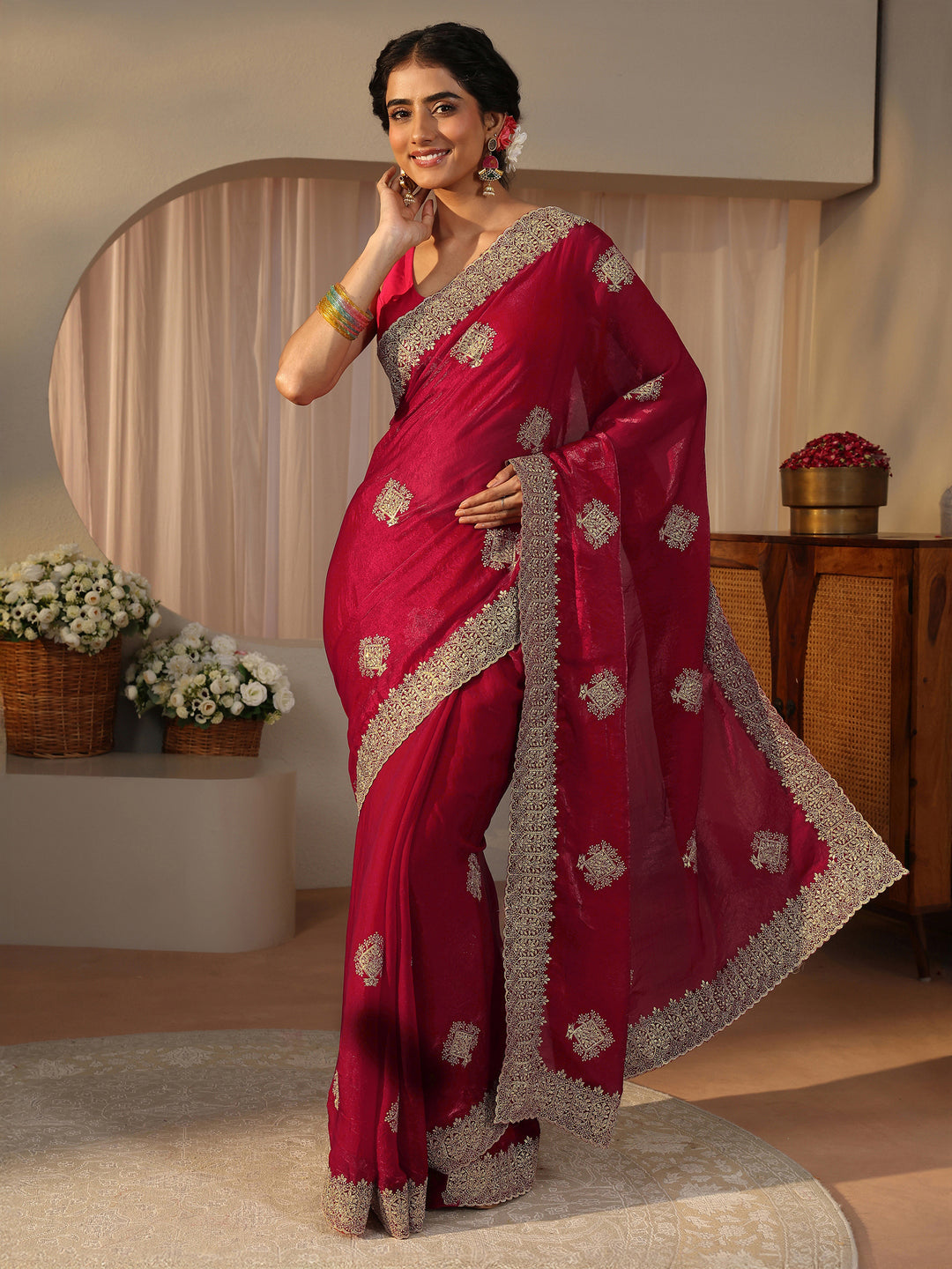  Red Floral Embroidered Tissue Saree 