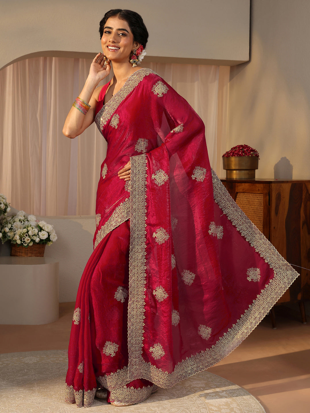 Red Floral Embroidered Tissue Saree 
