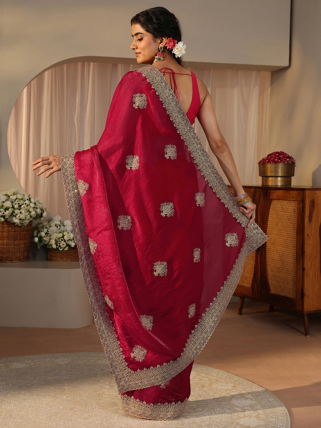  Red Floral Embroidered Tissue Saree 