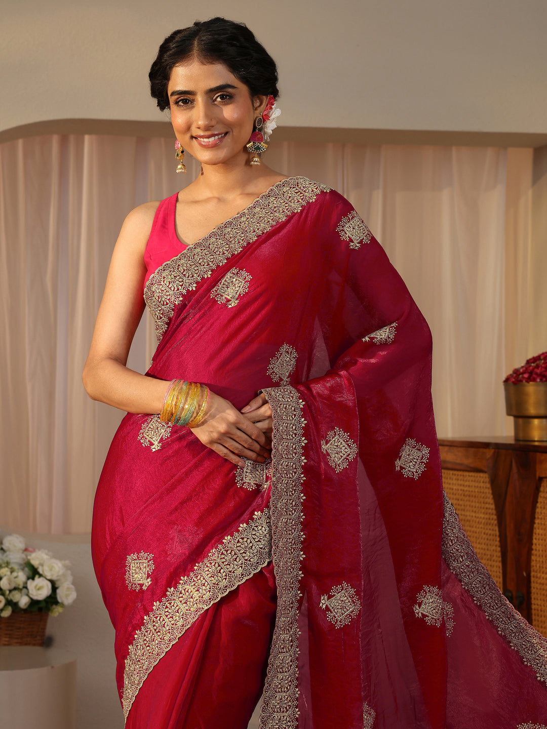  Red Floral Embroidered Tissue Saree 