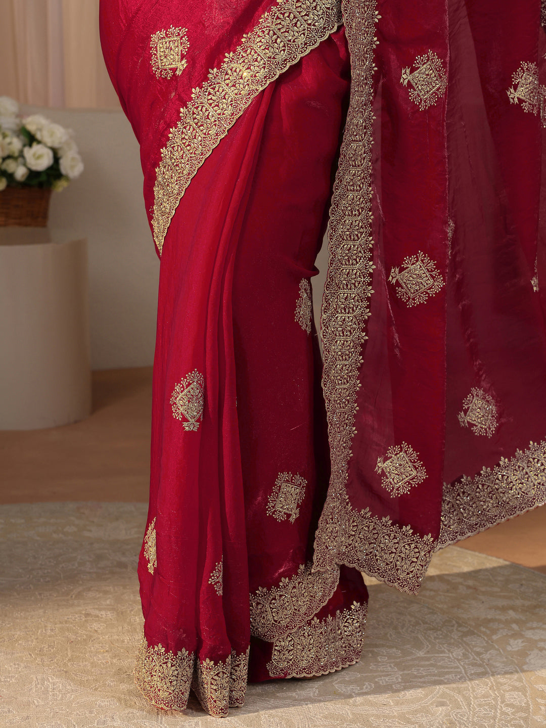  Red Floral Embroidered Tissue Saree 