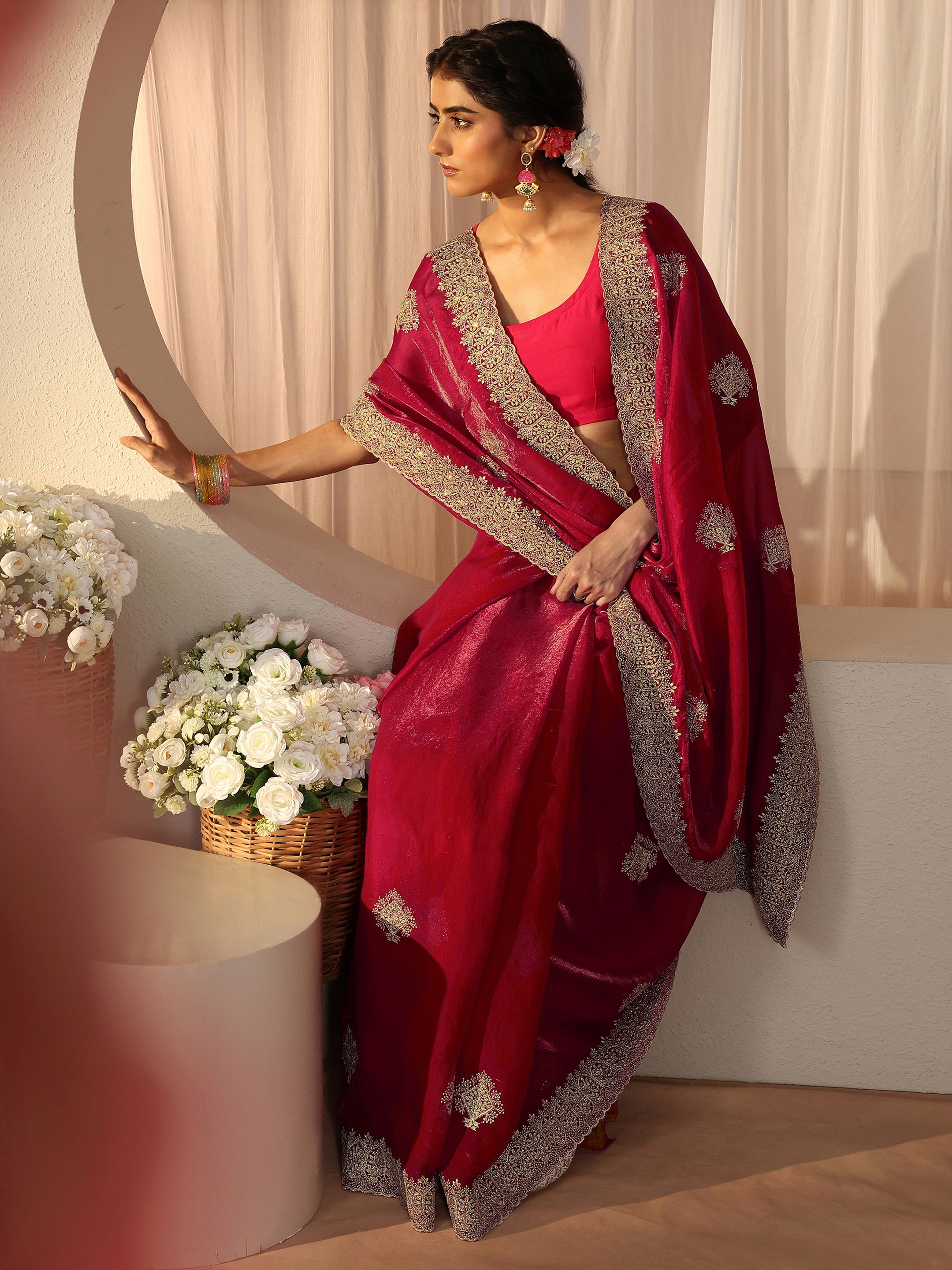 libas Red Floral Embroidered Tissue Saree-picture-31