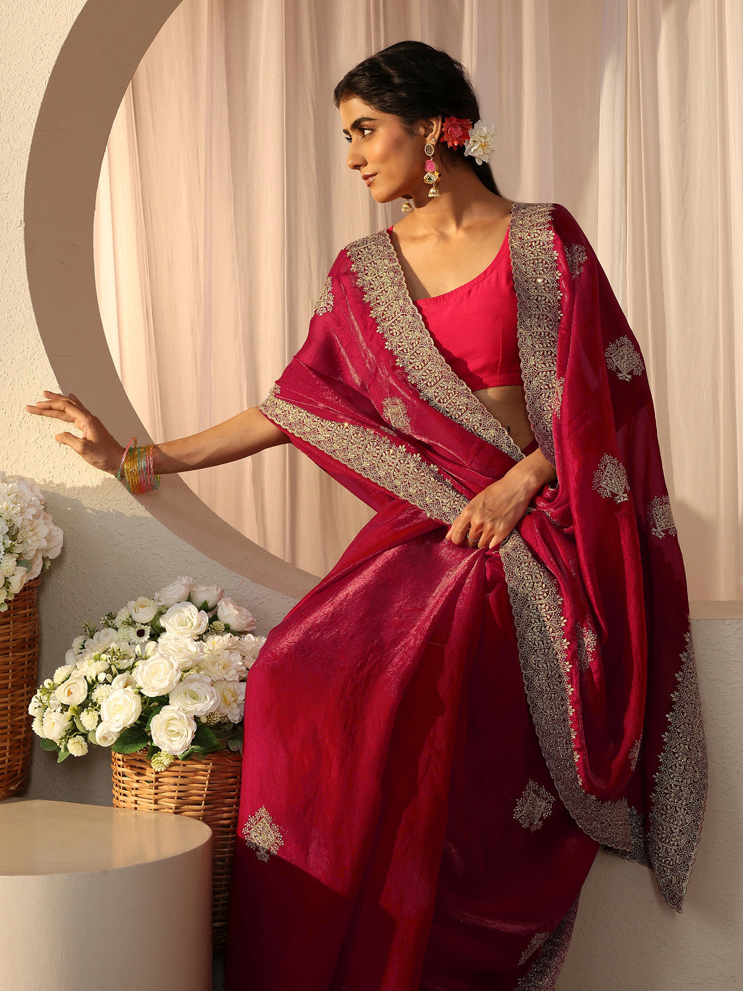  Red Floral Embroidered Tissue Saree 