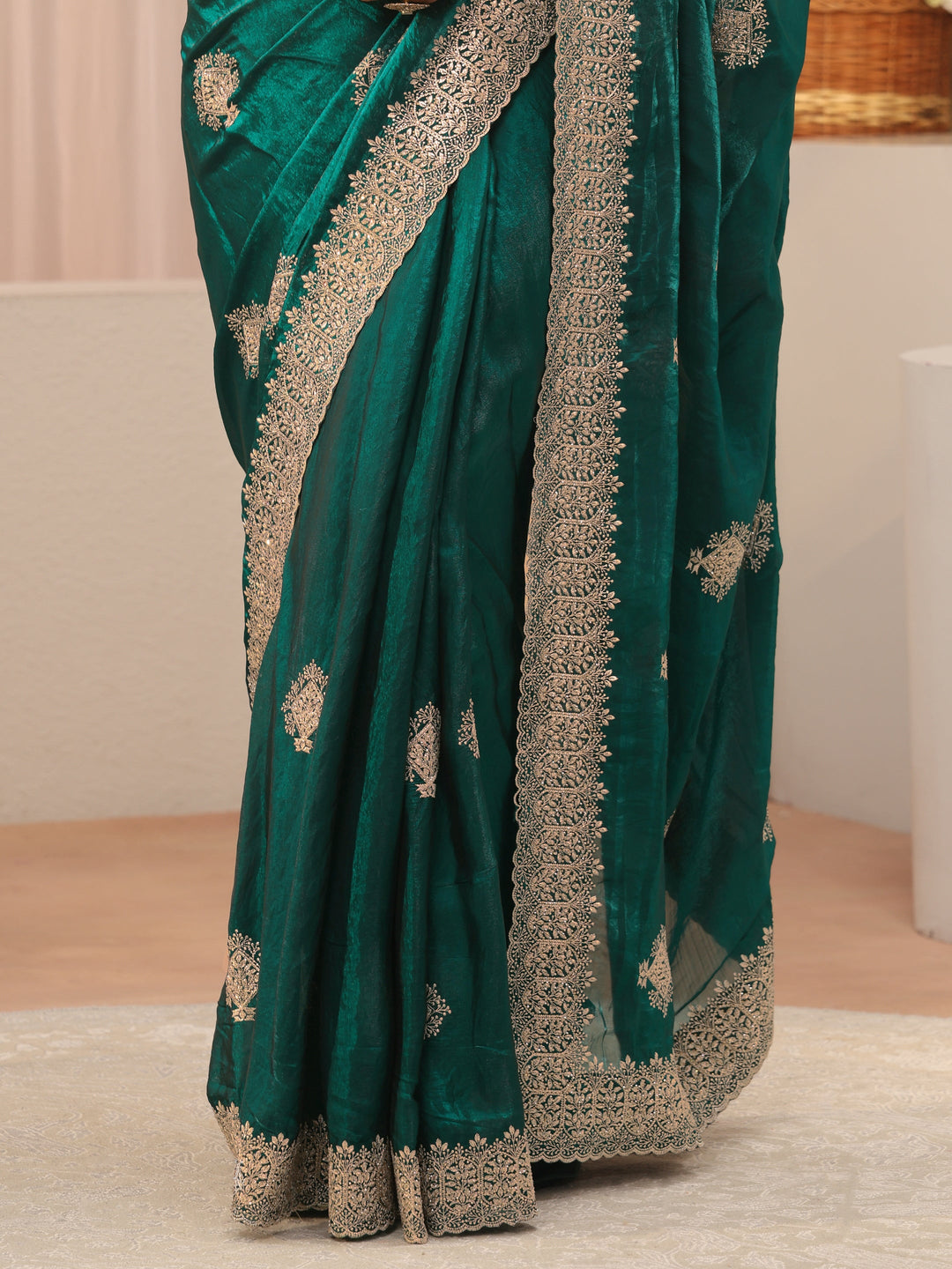  Green Floral Embroidered Tissue Saree 