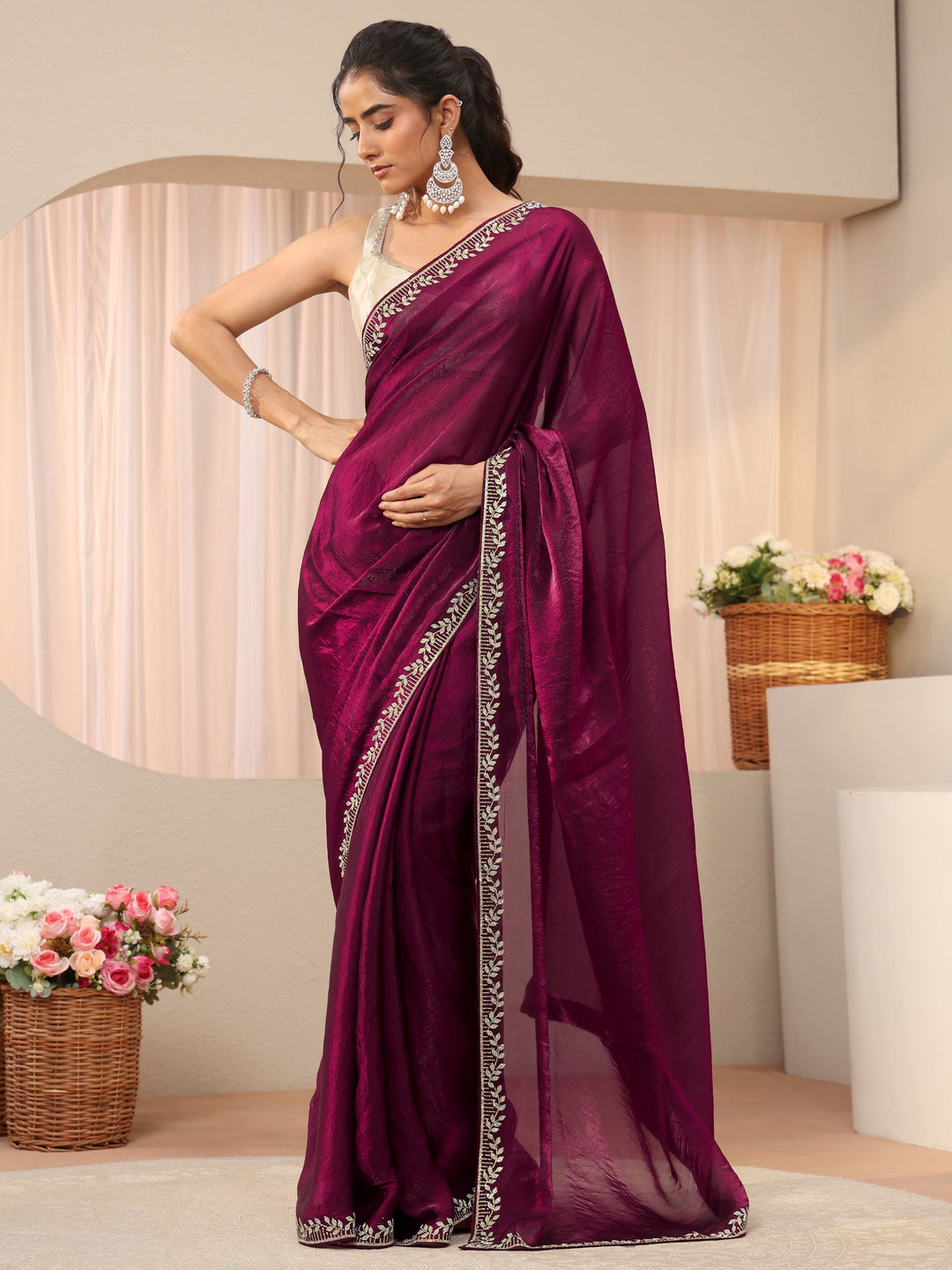  Burgundy Solid Tissue Saree 