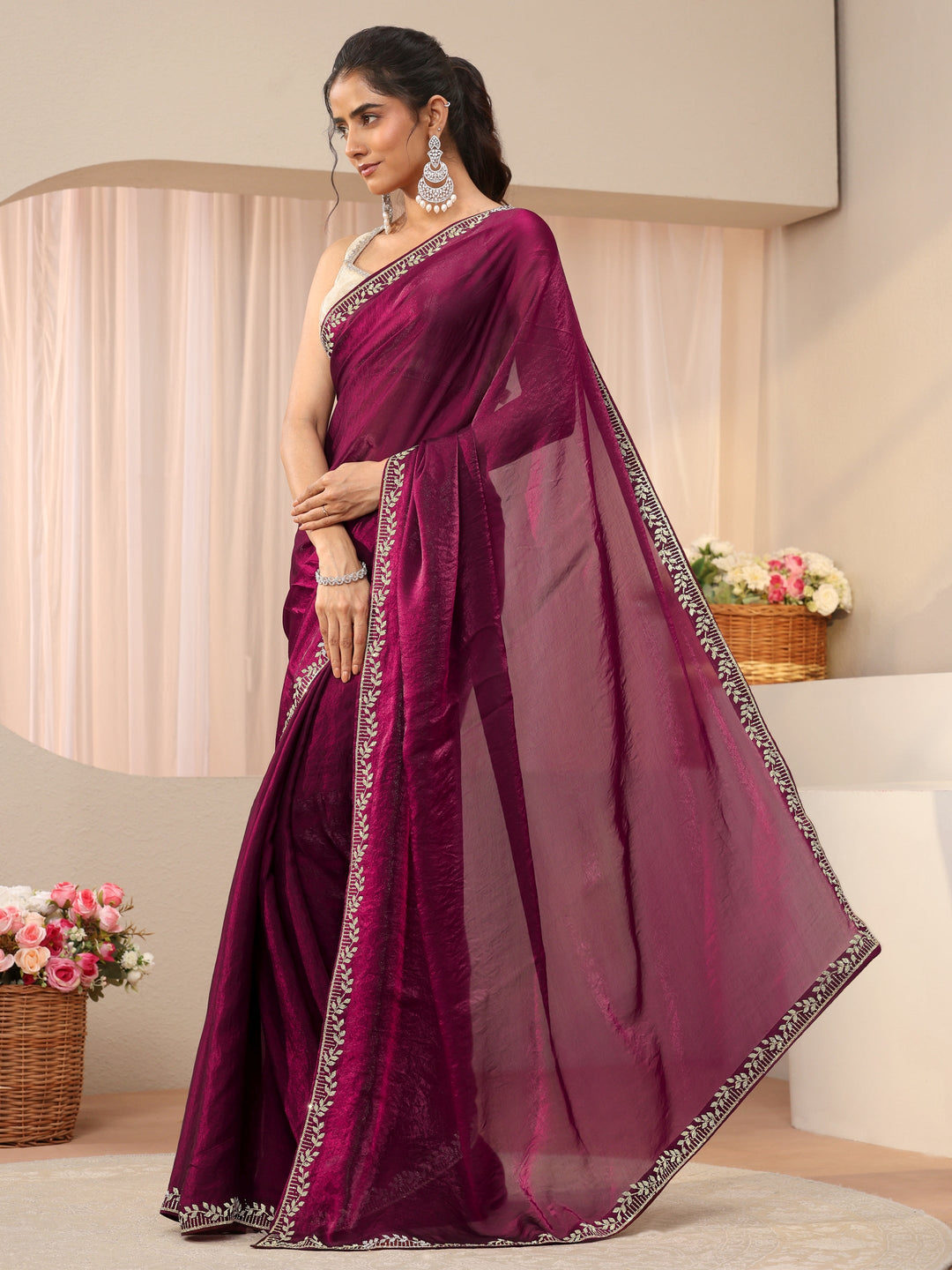  Burgundy Solid Tissue Saree 