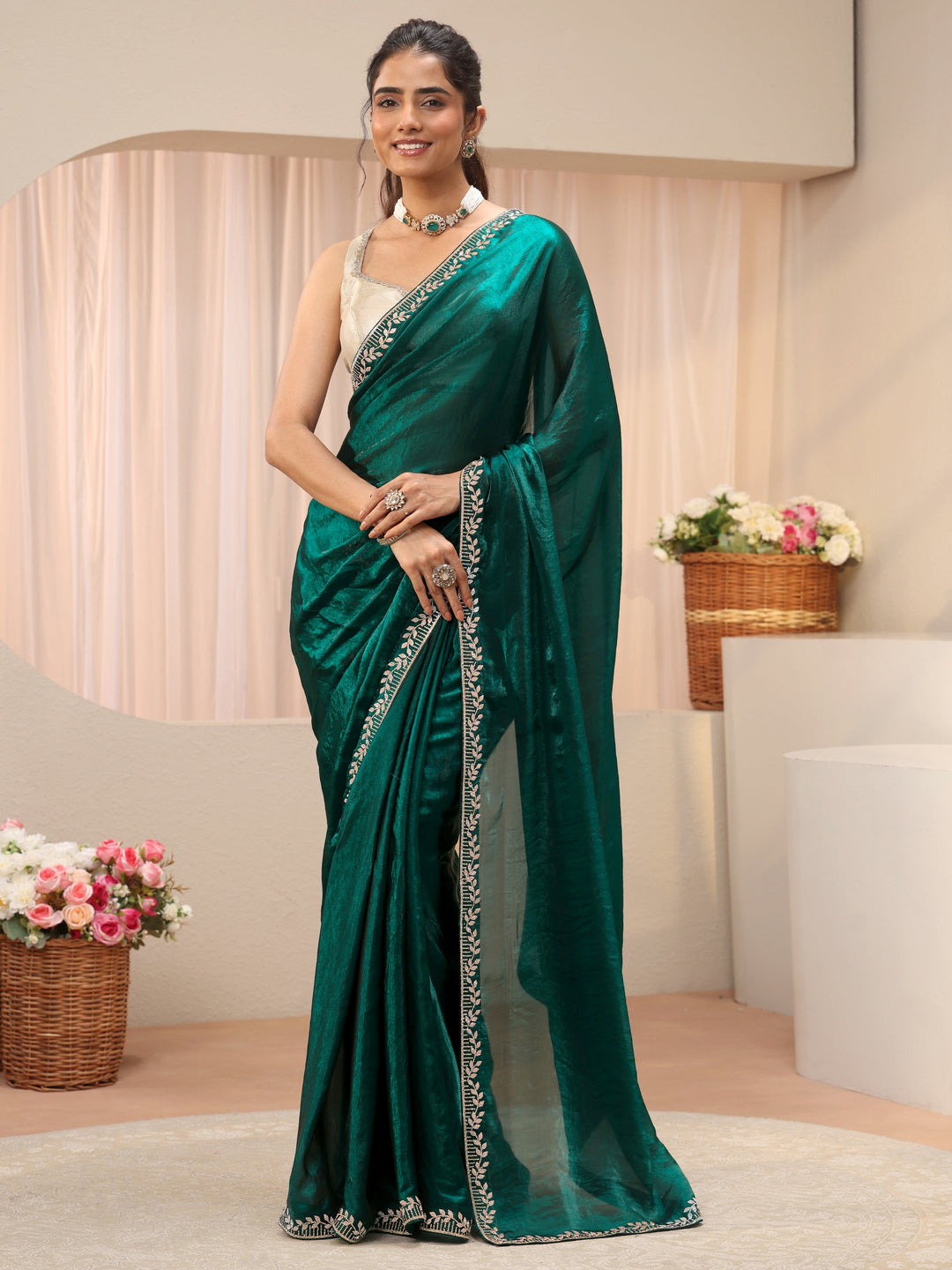  Green Solid Tissue Saree 