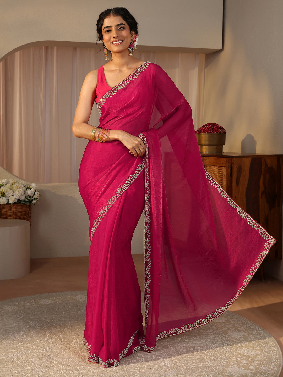  Red Embellished Tissue Saree 