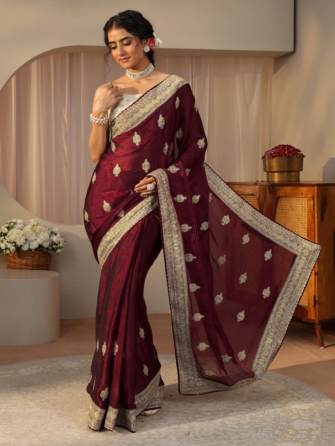  Maroon Ethnic Embellished Tissue Saree 