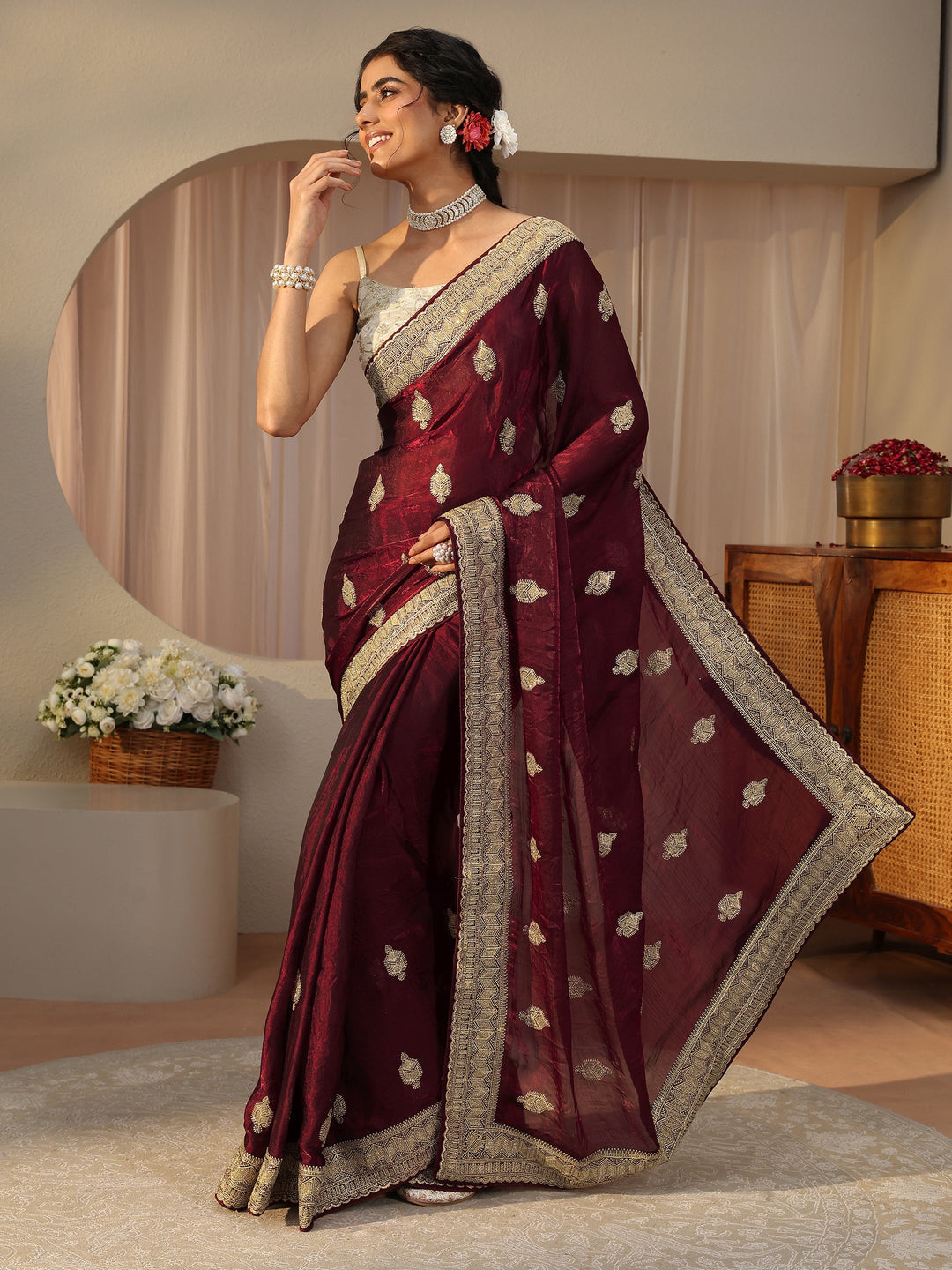  Maroon Ethnic Embellished Tissue Saree 