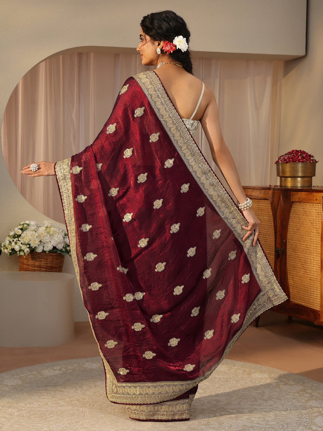  Maroon Ethnic Embellished Tissue Saree 
