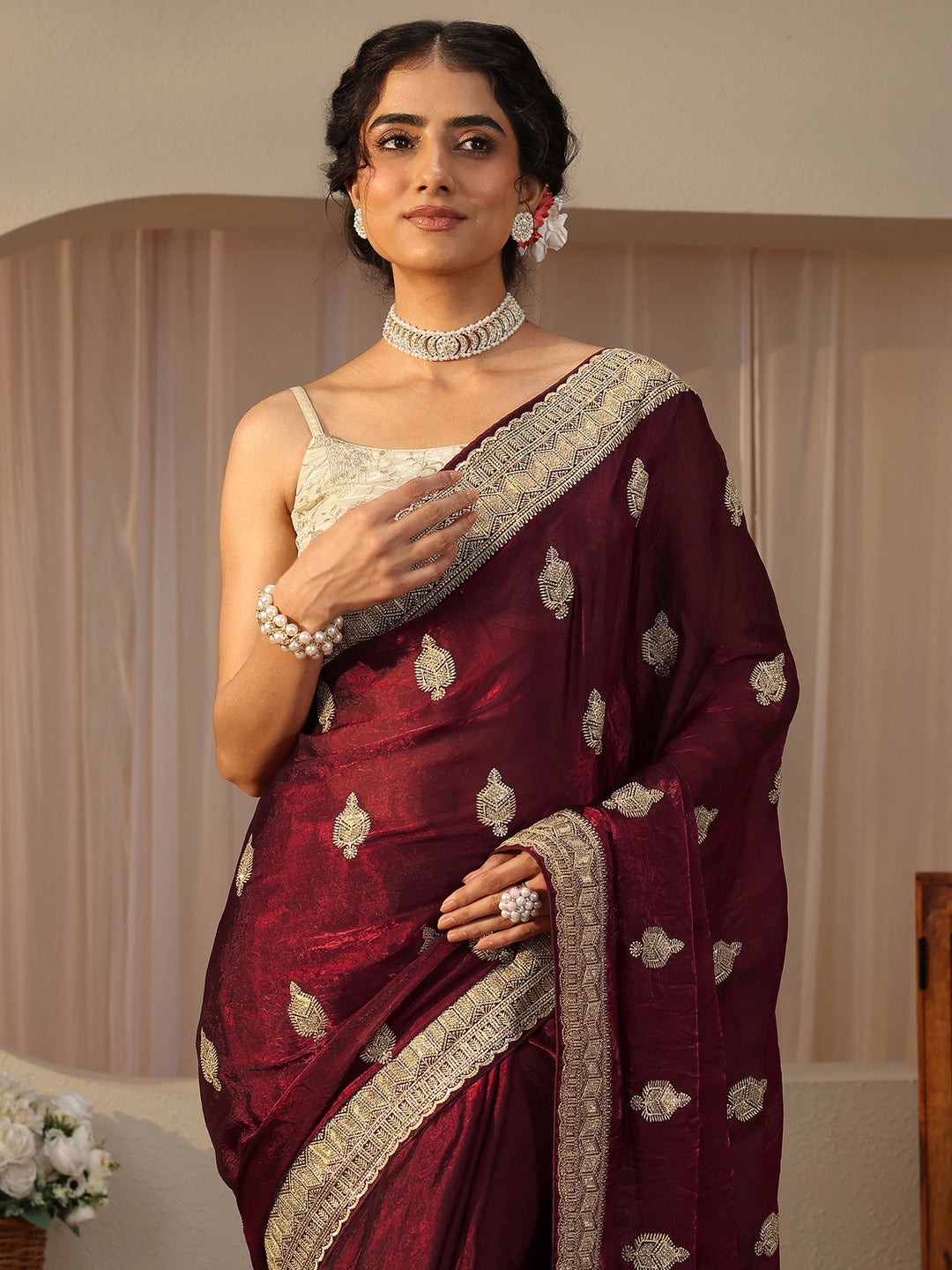  Maroon Ethnic Embellished Tissue Saree 