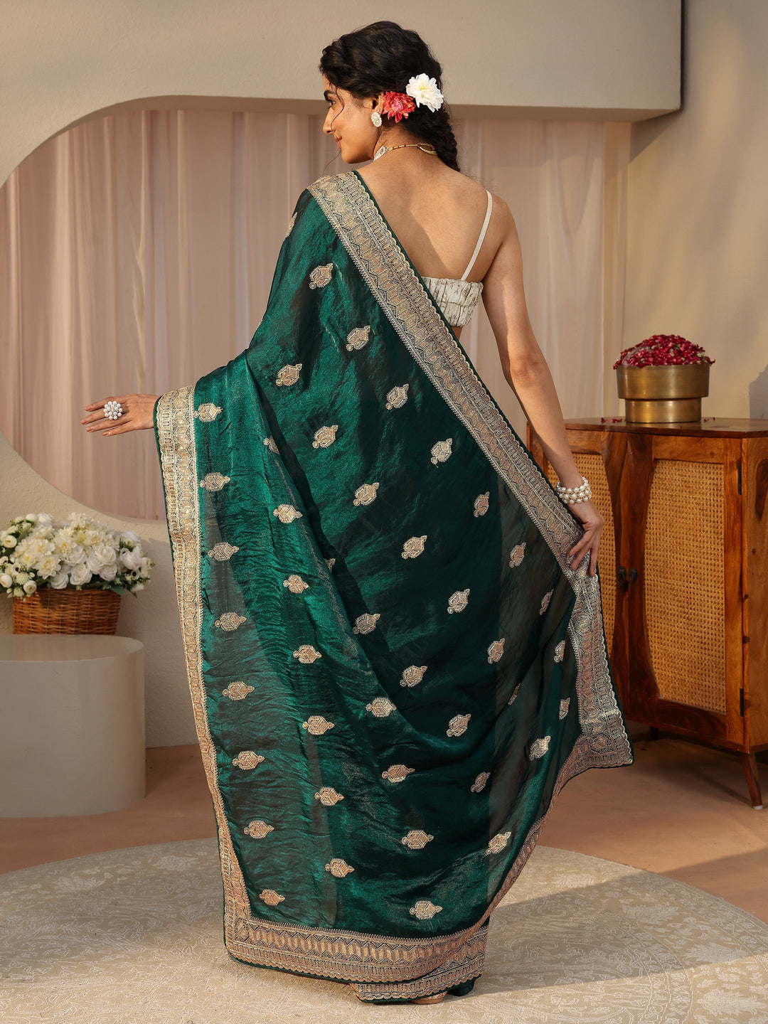  Green Ethnic Embellished Tissue Saree 