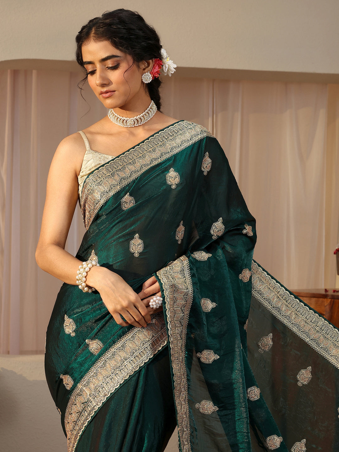 Green Ethnic Embellished Tissue Saree 