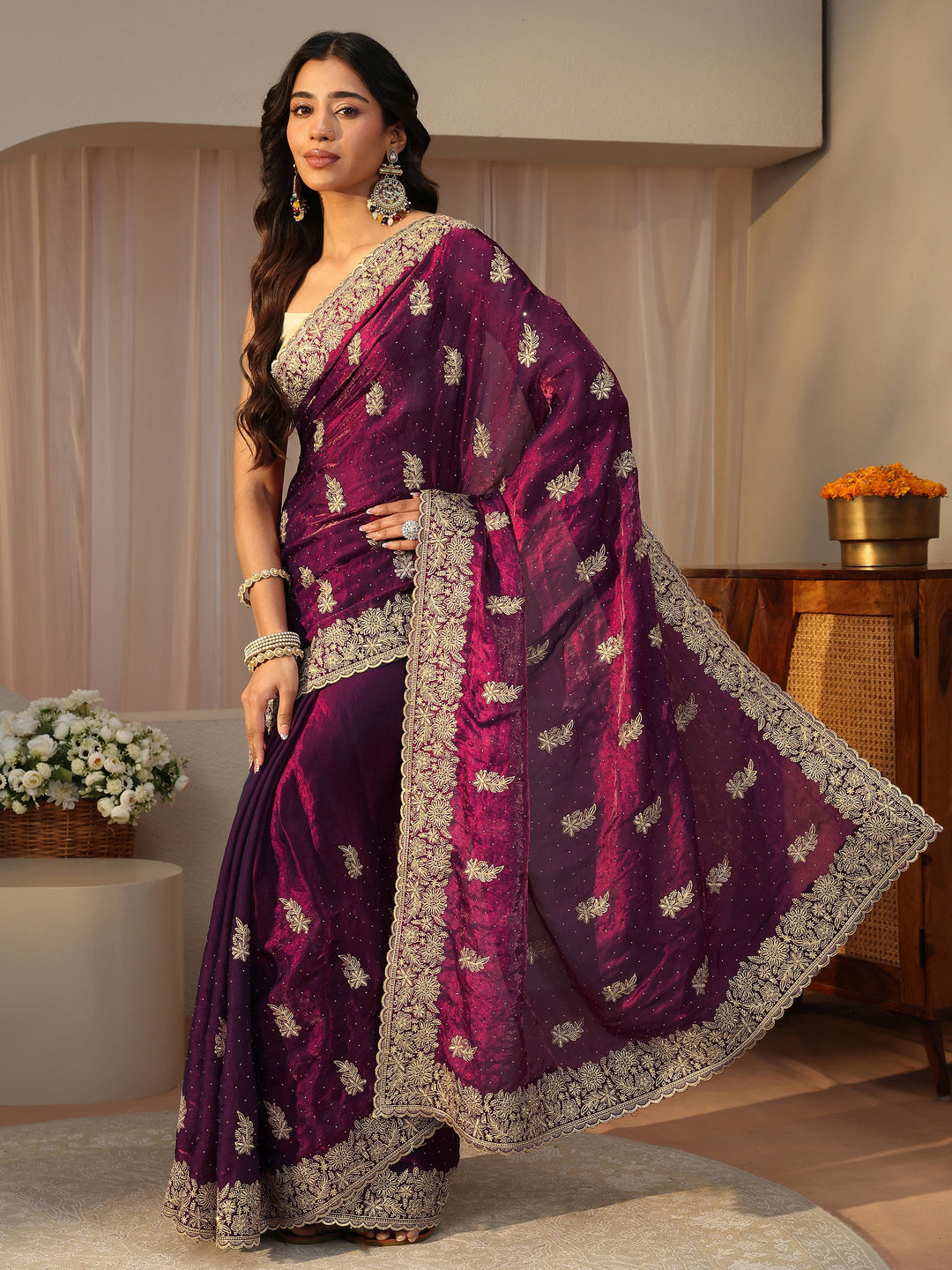  Purple Ethnic Embellished Tissue Saree 