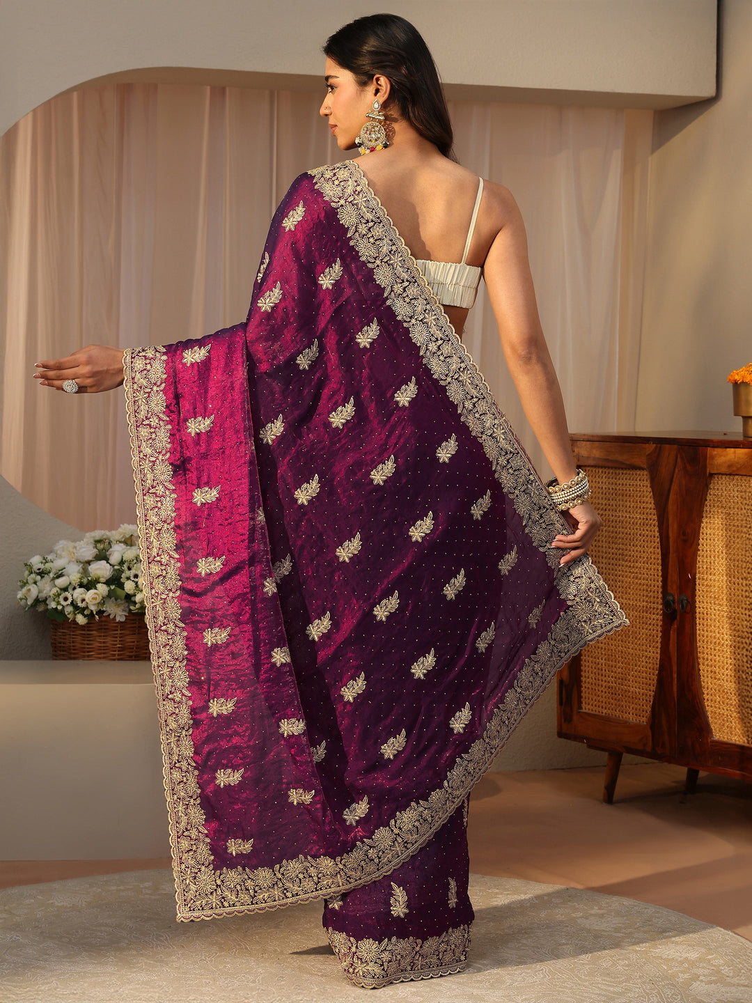  Purple Ethnic Embellished Tissue Saree 