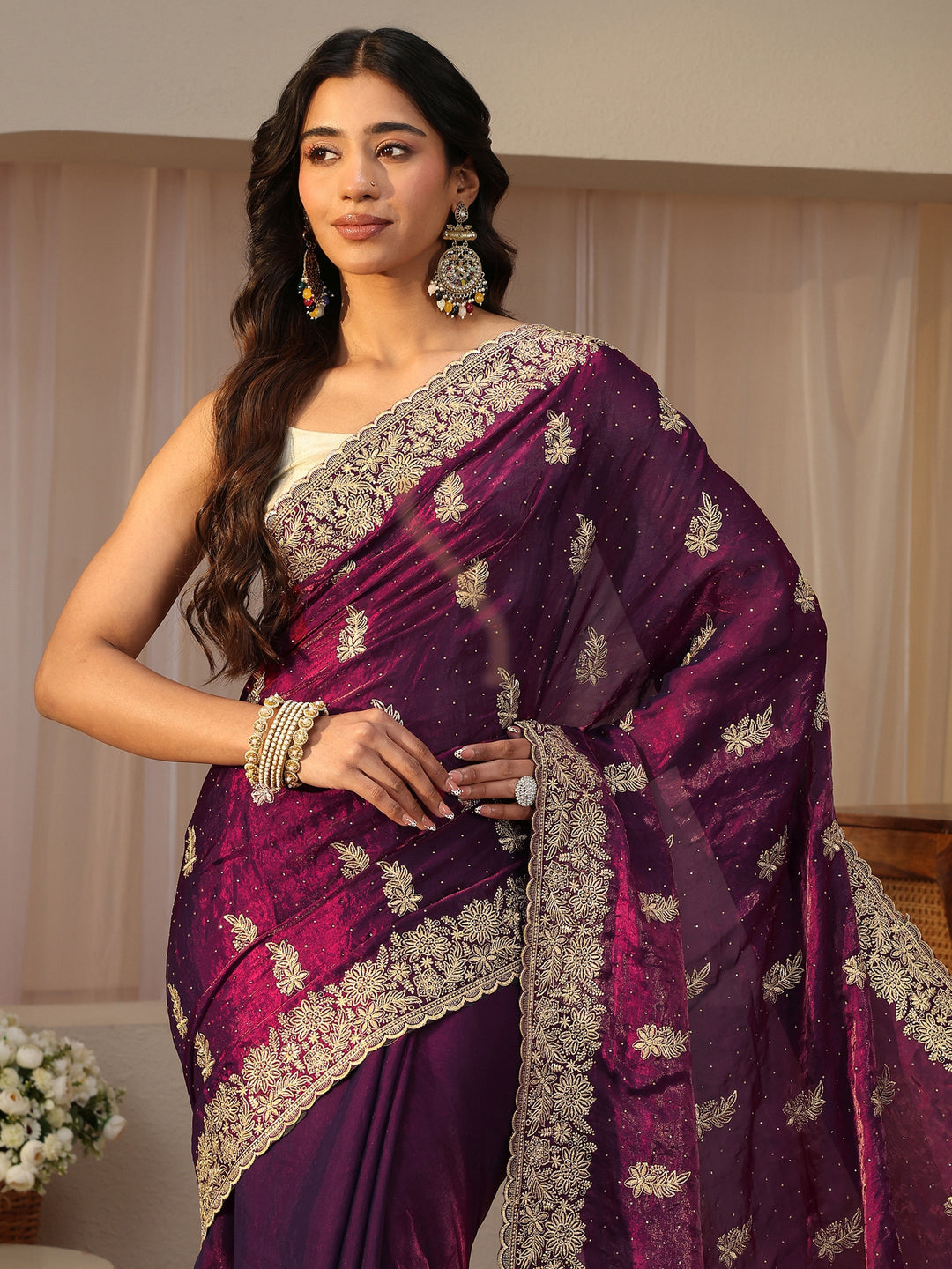  Purple Ethnic Embellished Tissue Saree 