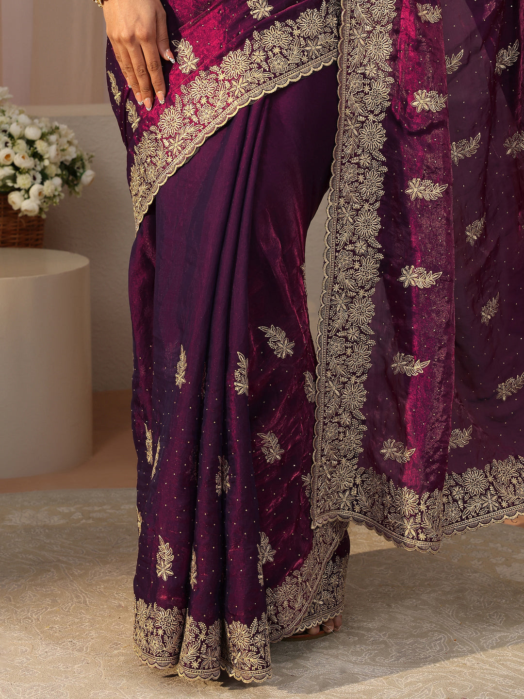  Purple Ethnic Embellished Tissue Saree 