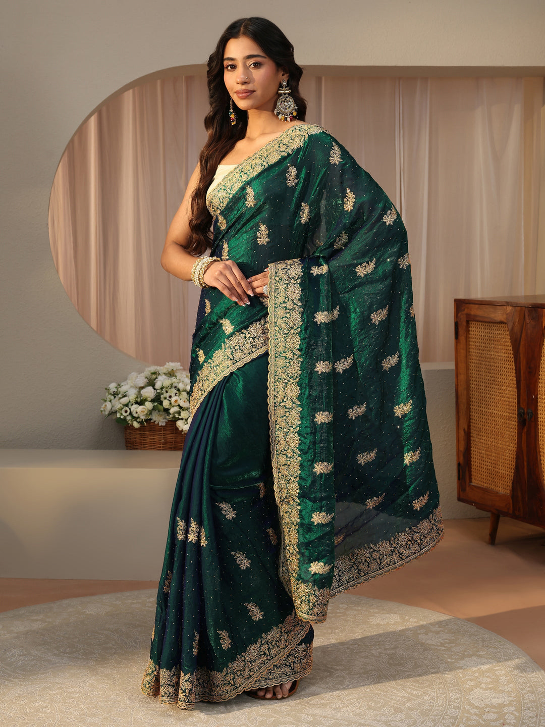  Green Ethnic Embellished Tissue Saree 