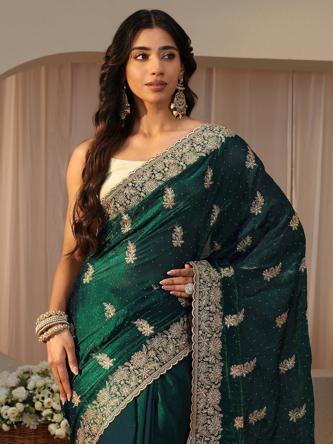  Green Ethnic Embellished Tissue Saree 