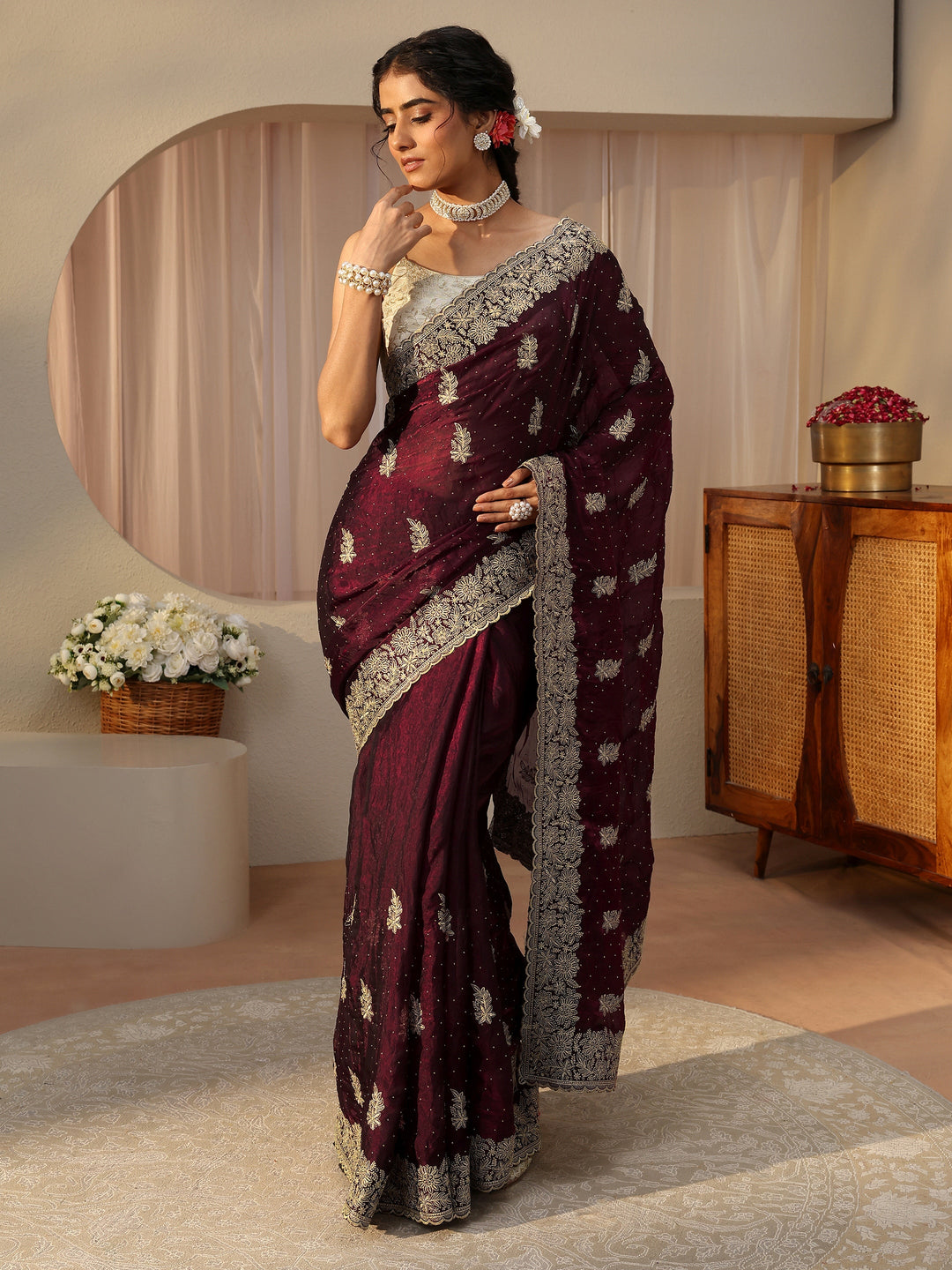  Maroon Ethnic Embellished Tissue Saree 