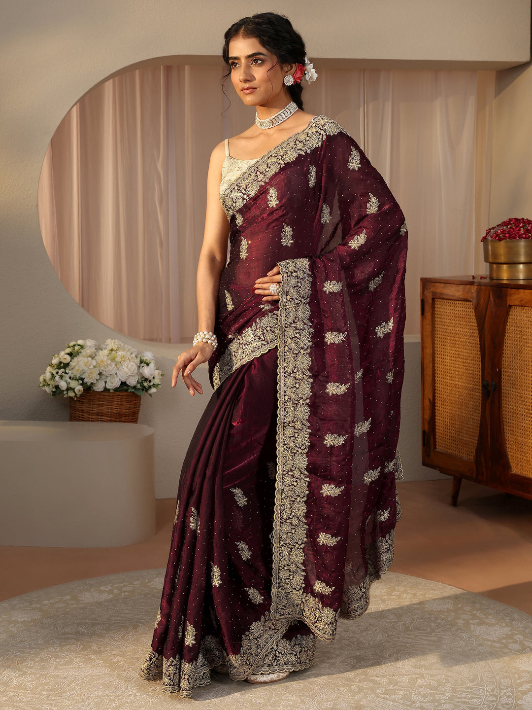  Maroon Ethnic Embellished Tissue Saree 