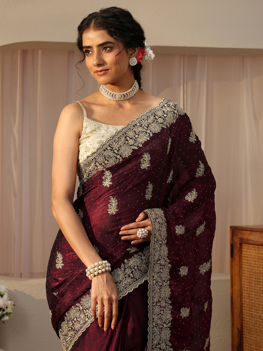  Maroon Ethnic Embellished Tissue Saree 